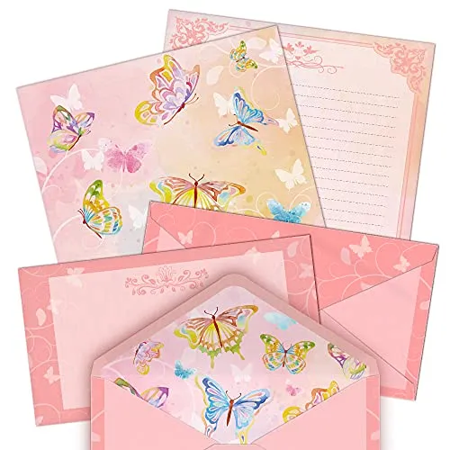 Aquarell Schmetterling Briefpapier (liniert) 48 Stück und selbstschließende Umschläge 24 PC Set, 27 lb schweres Gewicht, beide Seiten bedruckt, rosa Briefpapier 11
