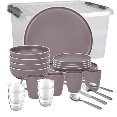 BRUNNER Melamin Geschirr-Set Camping | 36-teilig für 2-4 Personen - Hochwertiges, kratzfestes Melamingeschirr-Set für Camping, Picknick und Grillen. Stapelbar, hitze- und feuchtigkeitsbeständig, BPA-frei und mit rutschfestem Anti-Slip-Ring für sicheren Transport.