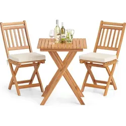 COSTWAY 3-teiliges Balkonmöbel Set aus Akazienholz - Praktisches Balkonset mit klappbarem Tisch und 2 Stühlen aus hochwertigem Akazienholz. Bequeme Kissen sorgen für zusätzlichen Komfort. Ideal für Garten, Balkon oder Terrasse.