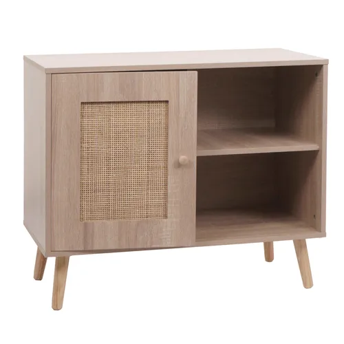Kommode HWC-M39, Sideboard mit Rattan-Tür - Kommode in Eiche-Optik mit handgefertigter Kubu Rattan-Tür und kratzfester Melamin-Oberfläche. Bietet großzügigen Stauraum und Soft-Close-System – ideal für stilvolle und praktische Wohnräume.