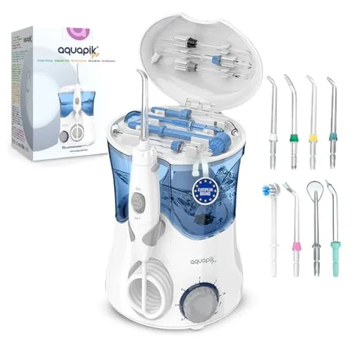 Munddusche Water Flosser Oral Irrigator PRO | Aquapik® | Professionelle Zahnreinigung, entfernt Plaque, empfohlen von Zahnärzten, für Implantate & Zahnspangen | 8 Düsen, 10 Druckstufen, 600 ml (Weiß)