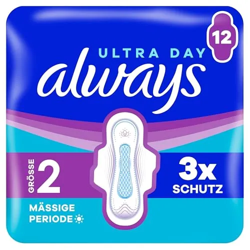 Always Ultra Damenbinden Mässige Periode (Größe 2) mit Flügeln 12 Stück, Super Absorbierend, Ultradünn, Für Die Periode