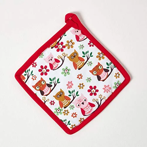 HOMESCAPES Weiß-roter Topflappen ‚Eulen‘ 20x20 cm, Topfuntersetzer Baumwolle wattiert, Topflappen waschbar mit Schlaufe zum Aufhängen