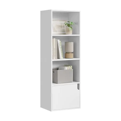 eSituro Weißes Bücherregal mit Tür - Kompaktes 4-Fächer Regal für Bücher und Deko, umweltfreundlich und kratzfest, ideal für Wohnzimmer, Schlafzimmer oder Büro mit Kippschutz für mehr Sicherheit.