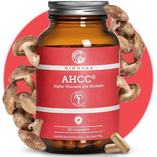 QIDOSHA AHCC® Alpha-Glucane Kapseln - Hochwertiger Shiitake-Extrakt mit hohem Anteil an bioverfügbaren Alpha-Glucanen. 45 Tage Vorrat, ohne Gentechnik und in lichtgeschütztem Braunglas verpackt. Ideal für die tägliche Nahrungsergänzung.