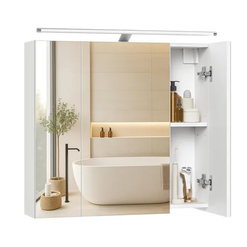 VASAGLE Spiegelschrank mit Beleuchtung und 3 Türen - Modernes Design in Weiß - Hängeschrank mit elegantem Look und verstellbaren Ablagen für individuelle Aufbewahrung. Drei Spiegeltüren und integrierte Beleuchtung sorgen für optimale Sicht und angenehme Lichtverhältnisse. Perfekt für jedes Badezimmer.
