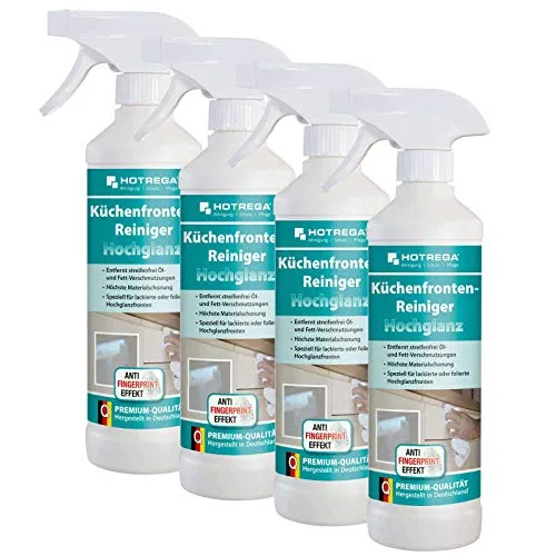 HOTREGA Küchenfronten-Reiniger Hochglanz 4x 500 ml – Streifenfrei & pH-neutral - Effektiver Intensivreiniger für Hochglanzfronten, entfernt Fingerabdrücke und Schmutz streifenfrei. Ideal für lackierte und glänzende Oberflächen, erhält den Glanz und reduziert Neuverschmutzungen.