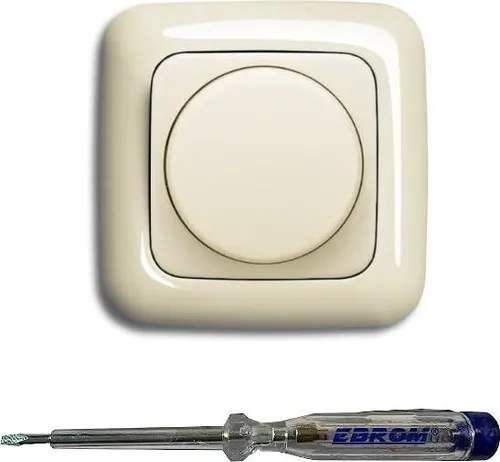 Busch Jäger 6523U-102 LED-Drehdimmer LED-Dimmer mit Dimmerscheibe Zentralplatte 2115-212 und Einfachrahmen in DURO2000 cremeweiß glänzend inklusive EBROM Phasenprüfer zur Montage des Dimmers