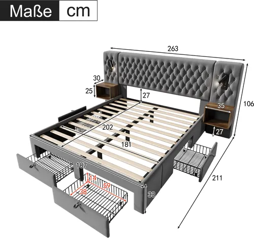 STILVORA Polsterbett 180 x 200 cm Doppelbett mit USB-Ladeanschluss & Leselicht,Stauraumbett mit Nachttischen & Schubladen,Grau(Ohne Matratze)