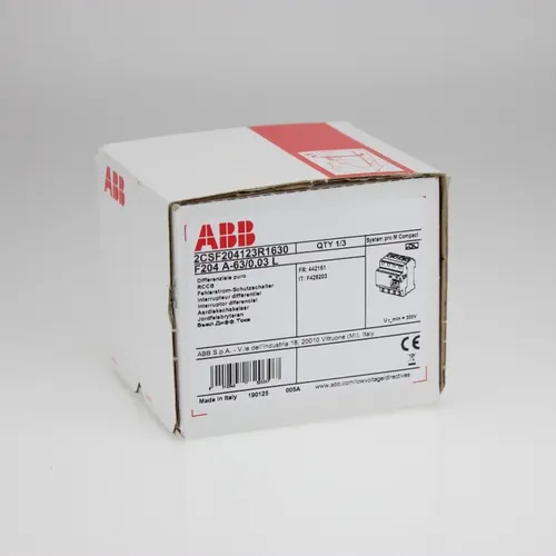 ABB 2CSF204123R1630 Fehlerstrom-Schutzschalter - Sicherer Schutz für Ihre Anlagen - Fehlerstromschutz (RCD) mit Typ A Auslösecharakteristik, 4 Pole, 63 A, ideal für Innenräume und DIN-Schienenmontage. Schützt zuverlässig vor elektrischen Fehlerströmen.