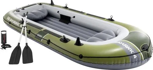 Intex Schlauchboot 66334 mit Paddeln und Luftpumpe - Vielseitiges Komplett-Set für entspannte Tage auf dem Wasser. Mit Paddeln und Luftpumpe ausgestattet, ideal für Freizeit und Abenteuer. Maße: 351 x 145 x 48 cm, in stilvollem Grau-Grün.