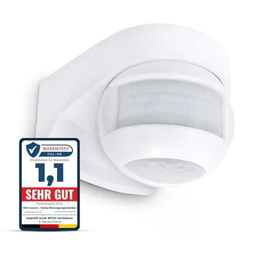 SSC-LUXon KELEA Bewegungsmelder Weiss - Bewegungsmelder für Innen- und Außenbereich mit IP54-Schutz. Drehbarer PIR-Sensor für präzise Erfassung bis 12m und 180°/360° Winkel. Ideal für Garten und Hauseingang.