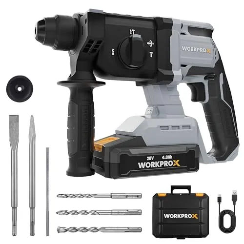 WORKPROX 20V Akku-Bohrhammer SDS-Plus, 2,0 J, Bürstenloser Motor, 4 Funktionen, 4,0Ah Akku, kabellos, ideal für Heimwerken und professionelle Arbeiten