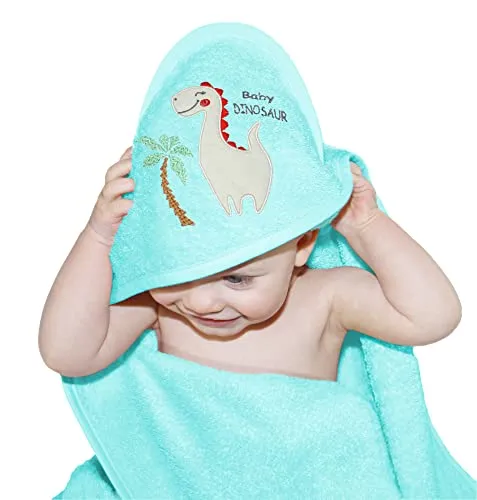 Lashuma Kinder Strandtuch für Jungen blau, Baby Handtuch 75x75 cm mit Stick: Dinosaurier, Badetuch mit Kapuze