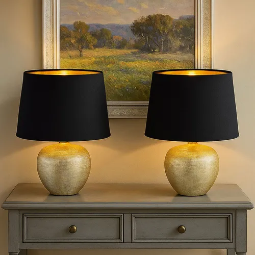 Moderne Tischleuchte 2er Set, Keramik Textil Gold-Schwarz von Reality Leuchten