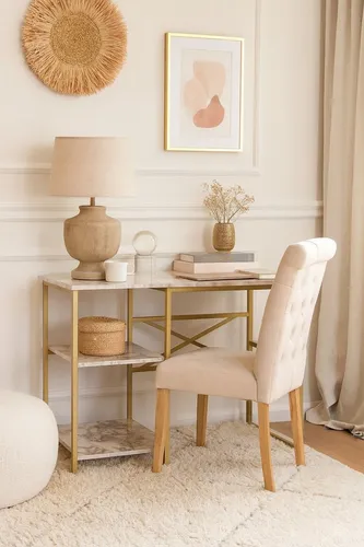 Möbel Direkt Online Schreibtisch Anja - Schreibtisch mit elegantem goldfarbenem Metallgestell und cremefarbenem Marmordekor, inklusive praktischen Regalböden – perfekt für stilvolle Arbeitsplätze.