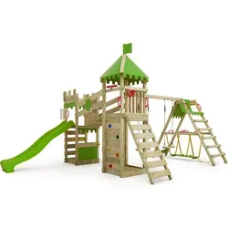 FATMOOSE Spielturm RiverRun mit SurfSwing – Apfelgrün - Schaukeln und Klettern in einem: Der extrem witterungsbeständige Spielturm mit Wellenrutsche, Hängebrücke und Sandkasten bringt Abenteuer für Kinder ab 3 Jahren – 10 Jahre Garantie!