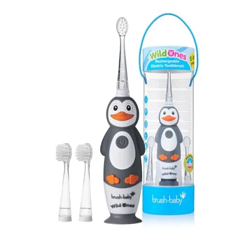 Brush-Baby – Wiederaufladbare Elektrische Kinderzahnbürste, 0–10 Jahre – WildOnes, Pinguin-Design mit Blinklichtern – DeepClean-Borsten für Gründliche Reinigung – 2 Ersatzköpfe & 1 USB-Kabel