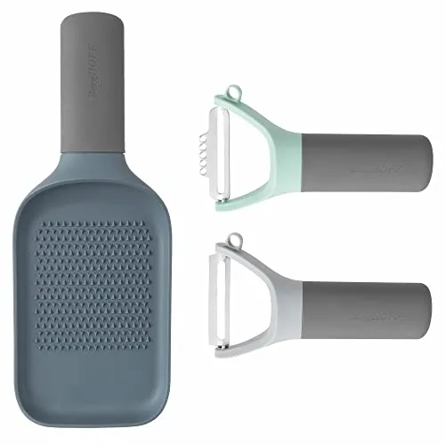BergHoff Schäler- und Reiben-Set Leo (Küchenhelfer Set, Gemüseschäler mit Zester, gezackter Schäler, Mehrzweckreibe / Küchenreibe, aus Edelstahl, scharfe Klingen) 3950295