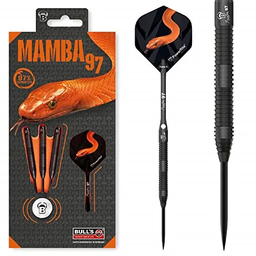 BULL'S Mamba M5 Dart - Schwarz, 24 g - Darts mit extrem hohem Tungstenanteil für höchste Präzision. Dünn und leicht, mit schwarzer Titaniumbeschichtung und 100 Micron Powerflites für optimalen Grip. Ideal für Profis und ambitionierte Spieler.