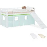 Hochbett 90x200 mit Rutsche und Matratze – Abenteuer für Kinder - Betten & Bettgestelle – Hochbett aus Kiefer mit Rutsche und Vorhang, ideal für kreative Spielabenteuer und süße Träume.