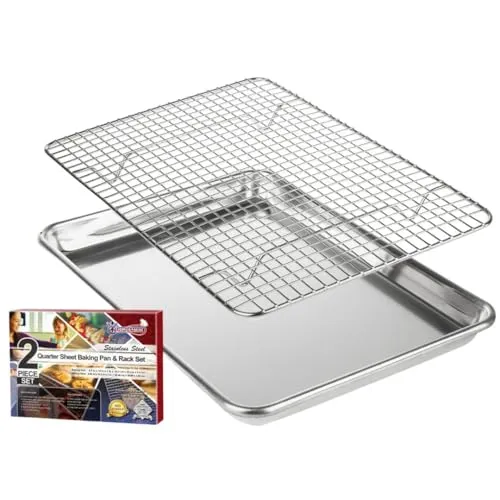 KITCHENATICS Kleine Viertel Blech-Backform mit Rost, Edelstahl-Grillrost und Aluminium-Backform, Toast-Ofenblech mit Abkühlgitter, 1/4-Blechpfanne und Gitterrost-Set – 24,4 x 33 cm