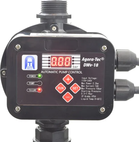 Agora-Tec® Pumpensteuerung AT-DWv-18 - Pumpenzubehör mit einstellbarem Ein- und Abschaltdruck, Trockenlaufschutz und Überdrucküberwachung - ideal für effiziente Hochdruckpumpensteuerung.