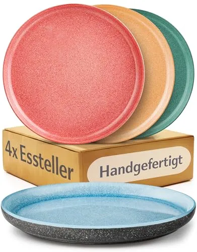Cosumy 4er Speiseteller Set aus Steingut Ø26,7 cm – Handgefertigte Essteller mit lebendiger, handglasierter Oberfläche – Buntes Farbspiel, Mikrowellen- & Spülmaschinenfest – Dinner Set 4 Stück