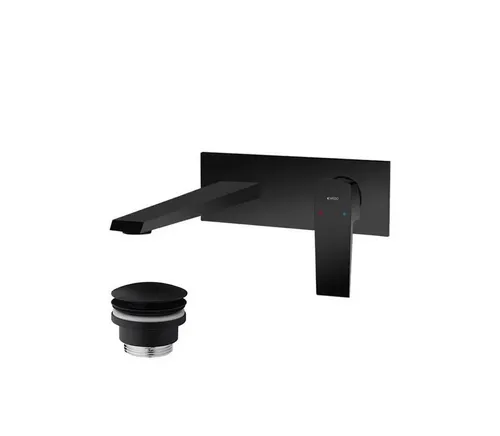 Wand - Waschtischarmatur matt schwarz mit Ablaufgarnitur - Elegante Waschtischarmatur in mattschwarz, ausgestattet mit einer hochwertigen Keramikkartusche und einem praktischen POP-UP Stöpsel für mehr Komfort im Bad.