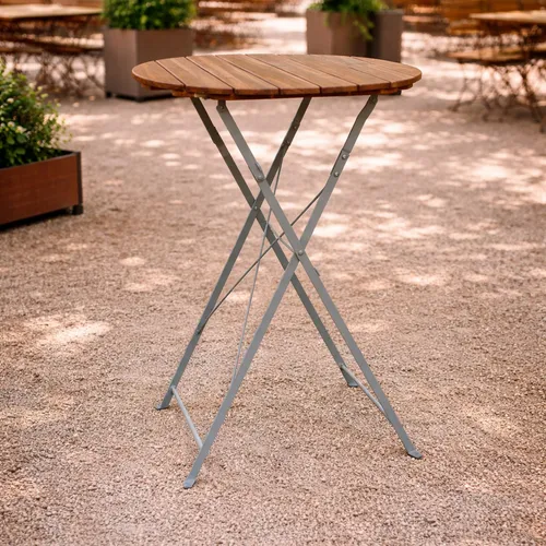 Biergarten Tisch Klapptisch Stehtisch klappbar Ø80 cm aus Akazie - Gartentisch klappbar – Ideal für Garten und Gastronomie, wetterfestes Akazienholz und robustes Stahlgestell sorgen für Langlebigkeit und einfache Lagerung.