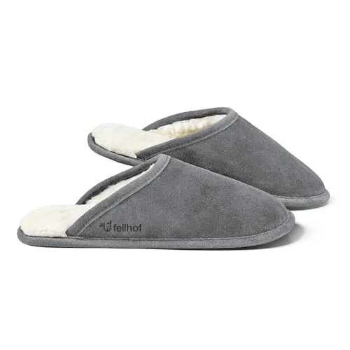 Fellhof Pantoffel Trendy Plüsch Hausschuhe - Leder grau 42-43 EU - Hausschuhe aus hochwertigem Nubukleder mit kuscheligem Lammfell-Innenfutter für ultimativen Komfort und Wärme im Winter.