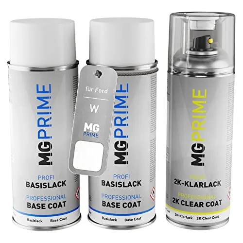 MG PRIME Autolack 2K Spraydosen Set für Ford W / PN3GZXXA Frozen White Solid/Frostweiss Grundlack Basislack 2 Komponenten Klarlack Sprühdose
