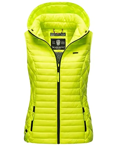 MARIKOO Damen Kapuzenweste B915 - Trendige Steppweste in Neon-Grün - Damen-Westen mit weichem Obermaterial und leichter Fütterung, ideal für Frühjahr und Herbst. Praktische Taschen und modischer Look machen diese Weste zum perfekten Begleiter.