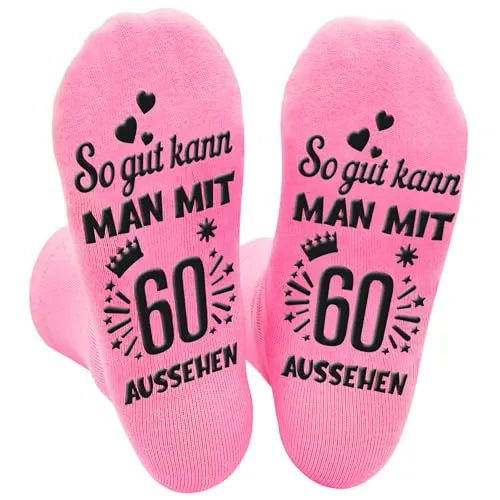 Kisvic 60 Geburtstag Frauen Socken, Lustige Damen Socken Rosa, So Gut Kann Man Mit 60 Aussehen, Antirutschsocken Geburtstag Fraugeschenke für Frauen zum 60 Mama Mädchen