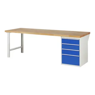 Rau Werkbank 7510A1 - Robuste Standardwerkbank mit 4 Schubladen - Standardwerkbank mit 40 mm massiver Buche-Arbeitsplatte, ideal für Werkstätten. Belastbar bis 1000 kg, ausgestattet mit rollengelagerte Schubladen für optimale Nutzung.