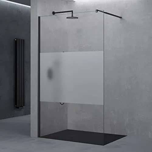 doporro Luxus Duschwand für Dusche Duschabtrennung 100x200cm Schwarz Walk-In Dusche 8mm ESG-Sicherheitsglas Milchglas-Streifen inkl. Nanobeschichtung Bremen01MS