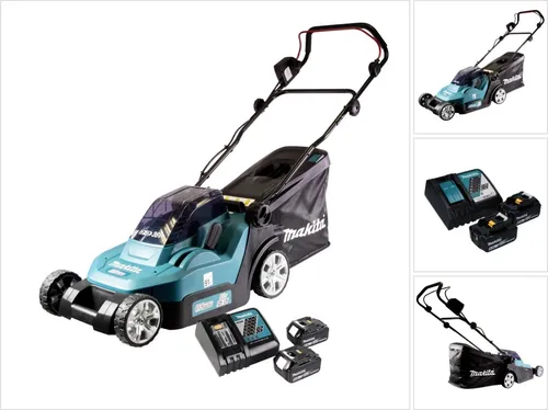 Makita DLM 432 RG2 Akku Rasenmäher 36 V – effizient und kabellos mit 2x 6,0 Ah Akkus - Rasenmäher, 43 cm Schnittbreite, leistungsstarker Brushless-Motor für müheloses Mähen und längere Laufzeit.