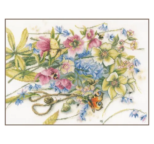 Lanarte Kreativset PN-0186136 Helleborus Kreuzstichpackung - Kreativkästen mit 100% Leinenstoff und DMC-Baumwollgarn. Ideal für Einsteiger und Fortgeschrittene, inklusive klaren Anweisungen und Garn-Organisator.