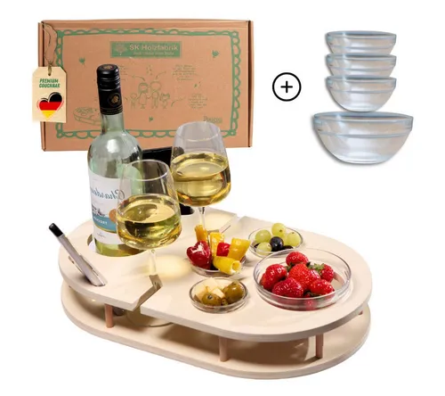 PEGSEN Servier-Set Weinbar Couchbar mit 4 Glasschalen aus Birkenholz