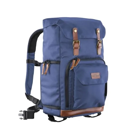 Mantona Luis Retro Fotorucksack blau mit Leder - Kamerarucksack mit flexibler Innenaufteilung und Regenschutzhülle, ideal für DSLR-Kameras und Zubehör, perfekt für Outdoor-Abenteuer.