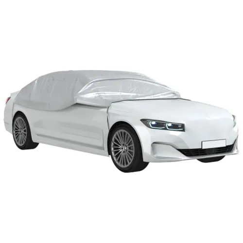 vidaXL Autoabdeckung Halbgarage mit Gummibändern - Komplette Abdeckungen außen, schützt dein Fahrzeug ganzjährig vor UV-Strahlen, Schnee und Staub mit atmungsaktivem, wasserdichtem Polyester und silberner Wärmeisolierung.
