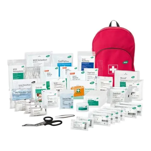 WERO Erste Hilfe Rucksack mit Füllung DIN 13157 Allround - Erste-Hilfe-Set für Haushalt & Arbeitsplatz, mit 180° Rundum-Reißverschluss für schnellen Zugriff und gepolsterten Schultergurten für hohen Tragekomfort.