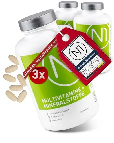 N1 Multivitamin Tabletten hochdosiert - 3x365 Tabl. Jahresvorrat - Vegetarisch - Erleben Sie eine umfassende Versorgung mit Vitaminen A-Z und wichtigen Mineralstoffen in einer leicht zu schluckenden Tablette. Ideal für Vegetarier und ohne unerwünschte Zusatzstoffe. Ein Jahresvorrat für Ihre Gesundheit!
