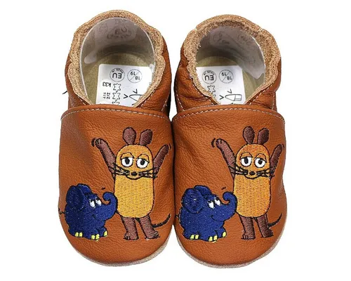 Krabbelschuhe Maus mit Elefant braun 18/19 - Perfekt für kleine Entdecker - Babyschuhe aus weichem Rindsleder, ideal für die ersten Schritte. Rutschfeste Sohle bietet Halt und Schutz, perfekt für Zuhause oder die Kita.