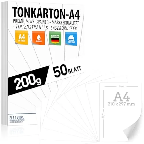 Blatt Papier 200g/m² Weiß Matt, PREMIUM PAPIER Reinweiß DIN A4-21 x 29,7 cm - Druckerpapier unbedruckt Digitaldruckpapier, Laserdrucker & Tintenstrahl - Fotopapier - Beidseitig bedruckbar TONKARTON 50