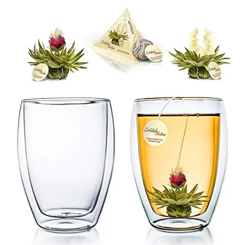 Creano Glas doppelwandiges Thermoglas 250ml „DG-Hoch“, 2er Set + 2 Teeblumen Erblühteelini Weißer Tee im Tassenformat