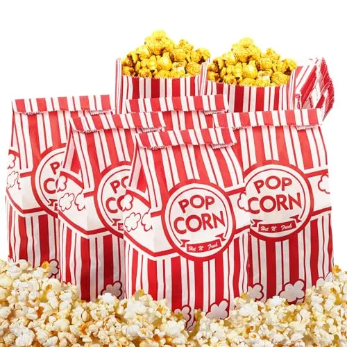 Tebery 200 Stück Popcorn Tüte, Papier Popcorntüten, Popcorntüten Klein, Movie Night Popcorn Box Candy Tüte, Rot-Weiß Gestreift, 9 x 6 x 21cm