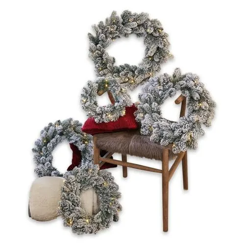 Loberon Kranz 5er Set Ellaria, unterschiedliche Größen, naturnahes Design, integrierte Lichterkette, festliches Wohnaccessoire, Weihnachtsdekoration, Weihnachten, Kunststoff, grün/weiß