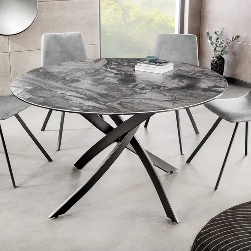Riess-Ambiente Esstisch ALPINE 120cm taupe/schwarz - Moderner runder Keramik-Tisch für bis zu 6 Personen, pflegeleichtes Metallgestell und Marmor-Design für stilvolle Akzente in deinem Essbereich.