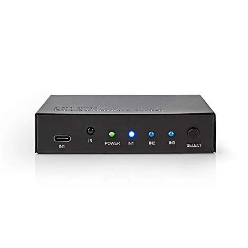 Nedis HDMI Schalter - 3-Port mit USB-C und 2x HDMI Eingang, Ultra HD Qualität und praktische Fernbedienung für mühelosen Gerätewechsel